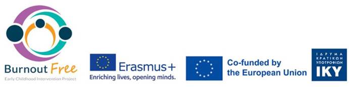 The logo of Burnout Free Early Childhood Intervention Project, the logo of Erasmus+ „Enriching lives, opening minds”, a Logo of the EU „Co-funded by the European Union”, the logo of IKY